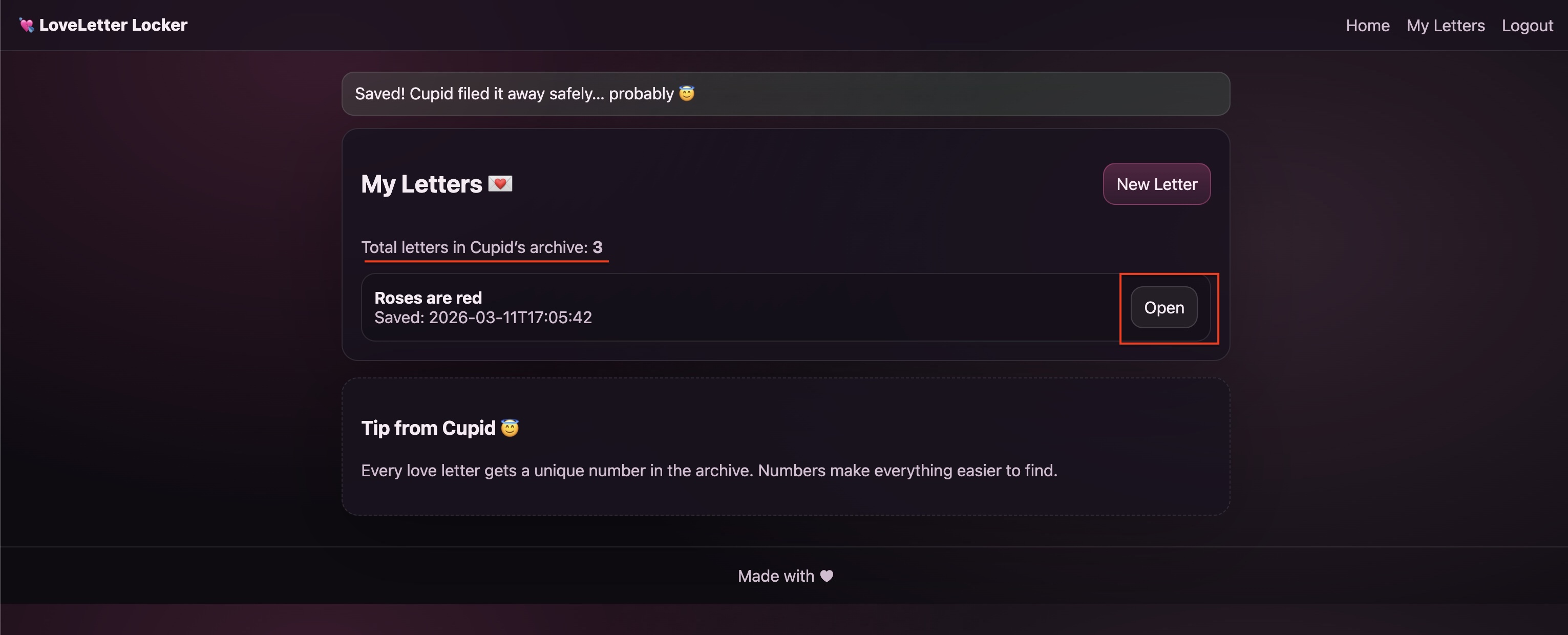 Dashboard with the new message